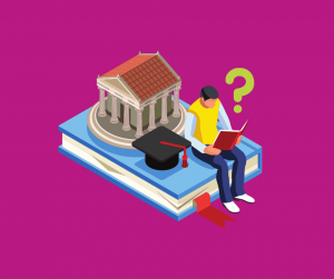 university student sat on book