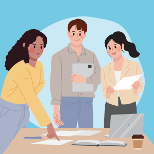 Cartoon of 3 people looking at documents around a table